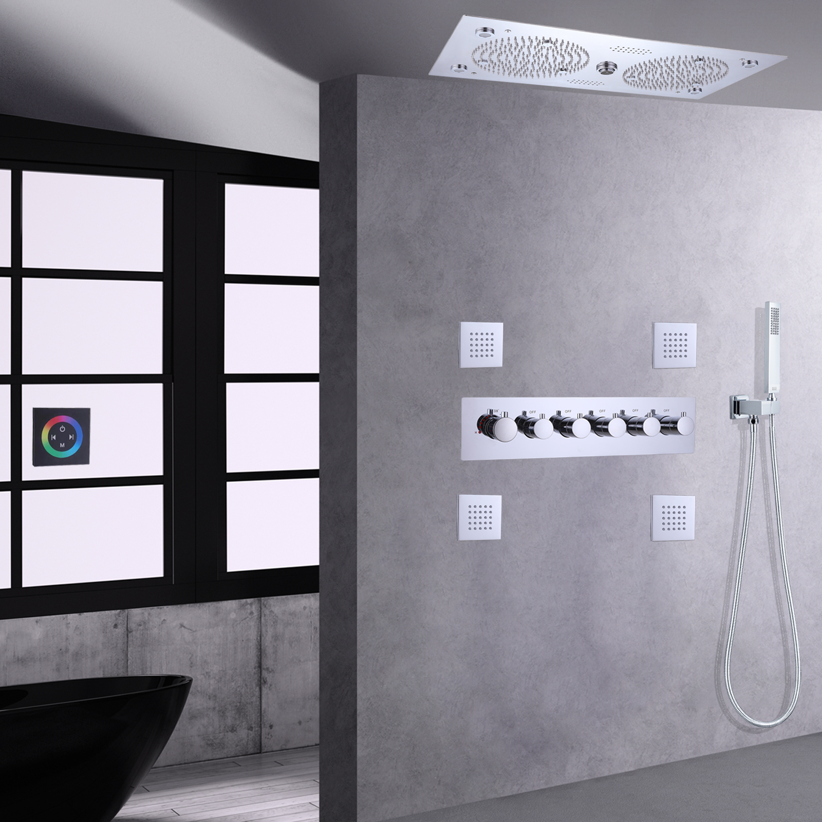 Juego de grifería de ducha termostática pulida cromada LED para baño con funciones musicales Sistema de ducha de mano de latón