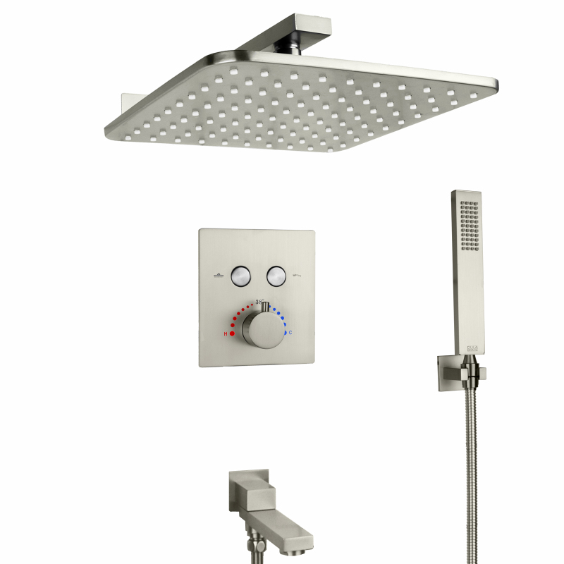 Conjunto de ducha combinado de mano termostático de níquel cepillado, grifo de lluvia para baño de 10 pulgadas