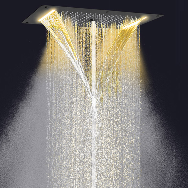 Grifos de ducha negros mate, LED de 70x38 CM, baño multifunción, ducha de Spa, cascada, lluvia, burbuja atomizadora