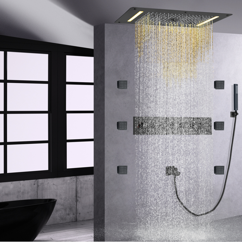Sistema de ducha negro mate, juego de ducha multifunción termostática LED para baño de 70x38 CM con mano