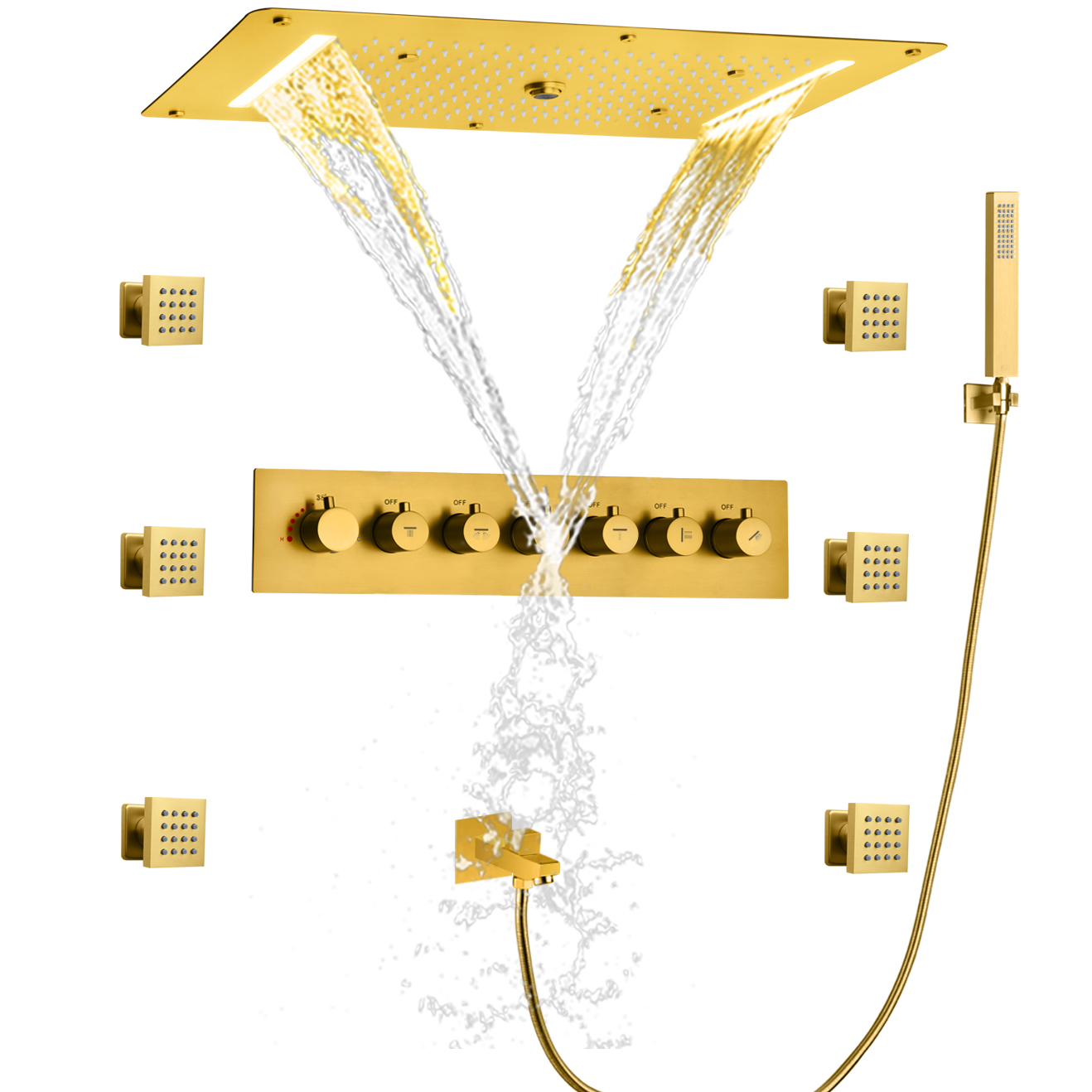 Oro pulido LED termostático juego de ducha de baño sistema de ducha oculto tipo lluvia boquilla de bañera de mano