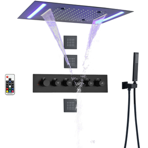 Alcachofa de Ducha Termostática Negra Mate 50X36 CM Con Panel de Control LED Baño Multifunción Cascada Lluvia Atomización
