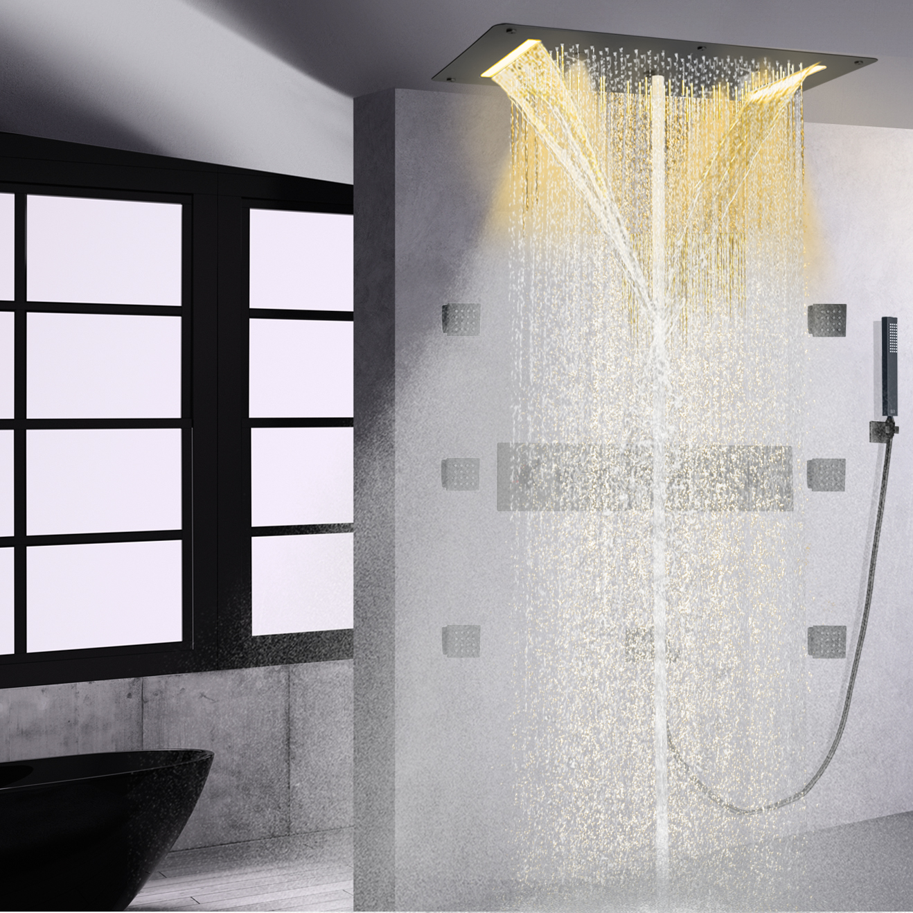 Juego de mezclador de ducha termostático LED negro mate, de alto flujo, para baño, cascada, niebla, lluvia, de mano