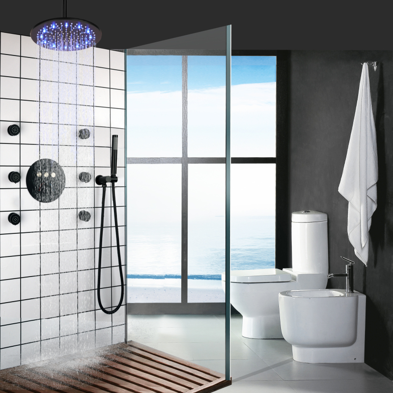 Grifo de ducha termostático negro mate moderno, juego de ducha de lluvia, baño LED de 25x25 CM con cabezal de ducha de hidromasaje
