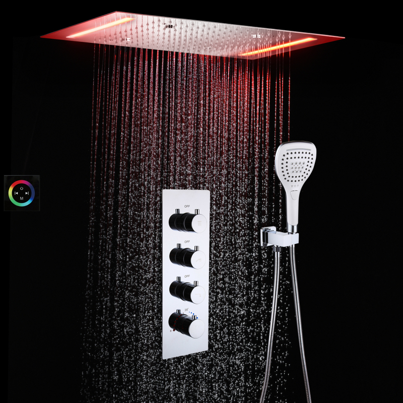 Juego de ducha LED empotrado en el techo, cabezal de ducha de lluvia y atomización de 20x14 pulgadas, grifo de ducha termostático para baño