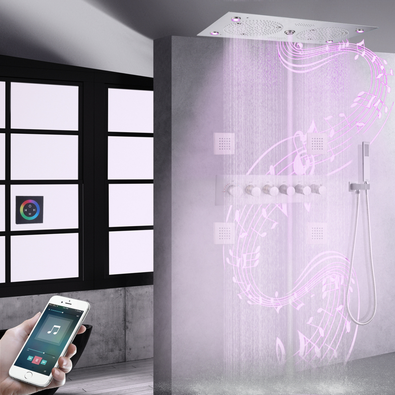 Sistema de ducha termostático de níquel cepillado, baño LED de 620x320mm con música, masaje multifunción, ducha de baño completa