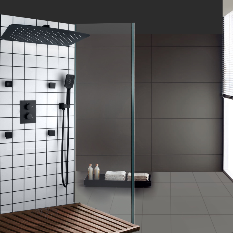 Juego de grifo de ducha de masaje de ducha mezclador de lluvia Sistema de ducha de baño de calidad termostática negro mate