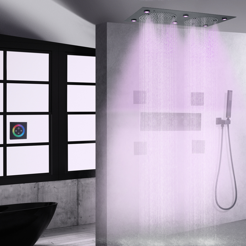 Juego de mezclador de ducha termostático negro mate, sistema de ducha oculto de lluvia multifunción LED de 24x12 pulgadas para baño