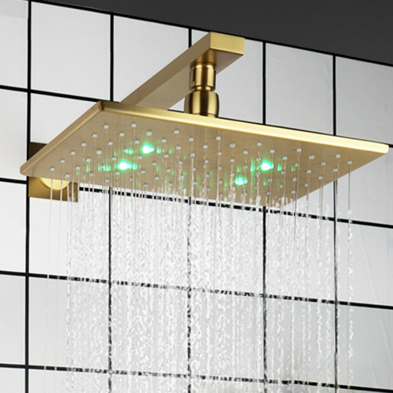 Grifos de baño de oro cepillado, cabezal de ducha de 28x18cm, LED, cambio de temperatura de 3 colores, montaje en pared para baño, ducha de lluvia