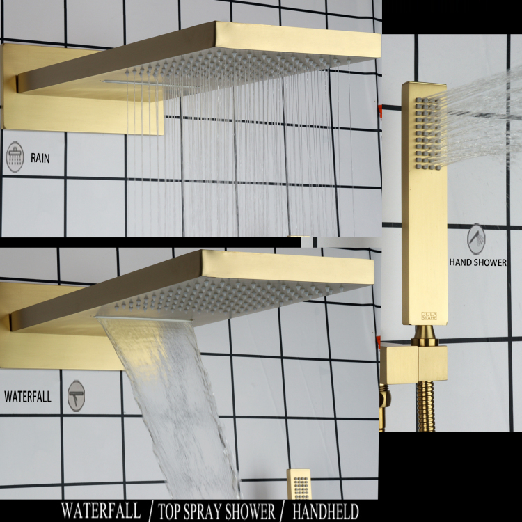 Ducha termostática de oro cepillado, juego de ducha tipo lluvia en cascada montado en la pared con mano