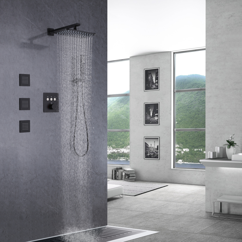 Juego de ducha de lluvia negra mate, sistema de ducha oculta de lluvia para baño con cambio de temperatura de 28x18cm