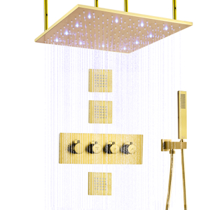 Cabezal de ducha LED termostático para baño, ducha de lluvia, Oro pulido, con dispositivo de mano