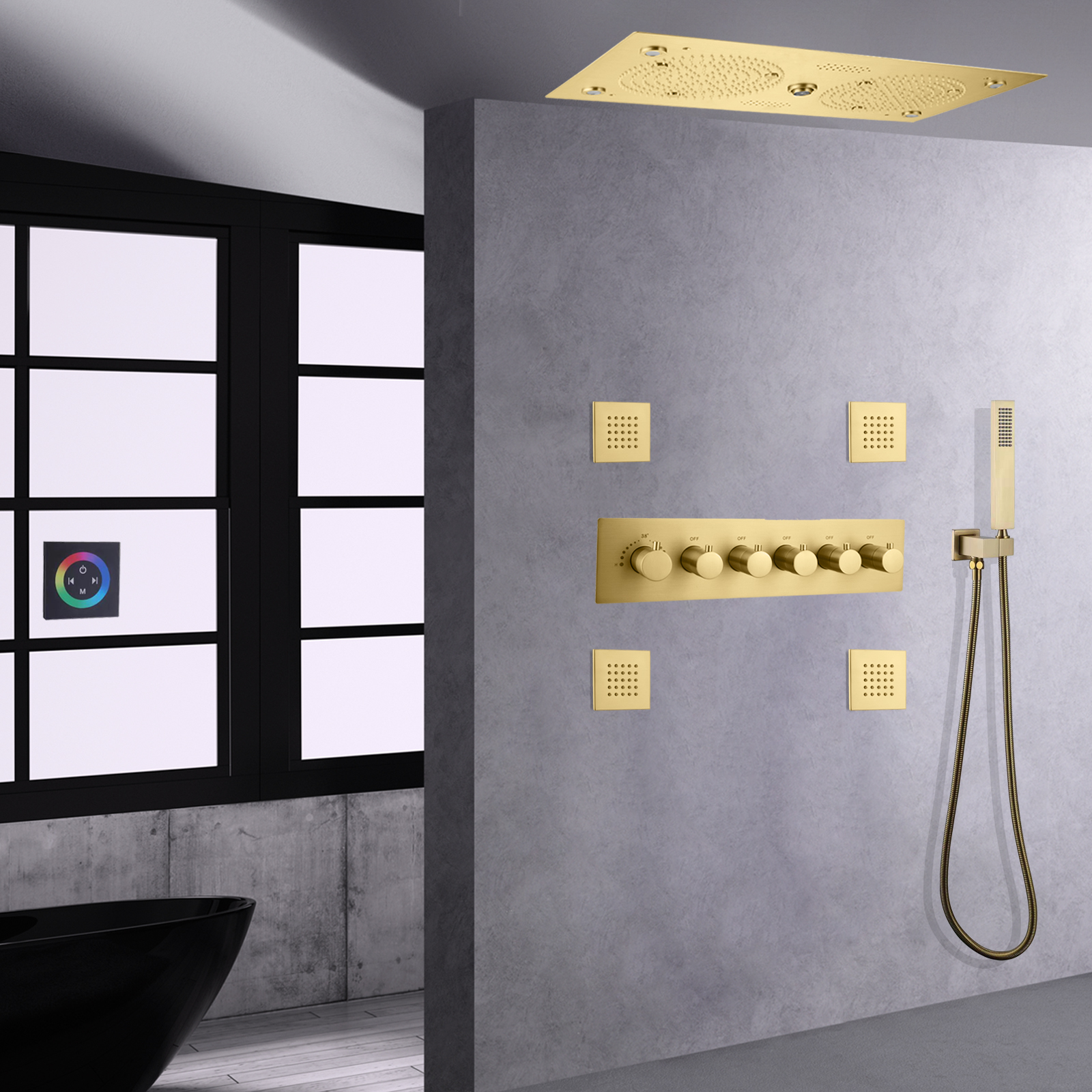 Grifo de ducha termostático LED de Oro pulido, columna de niebla de lluvia con características musicales, ducha de mano de latón