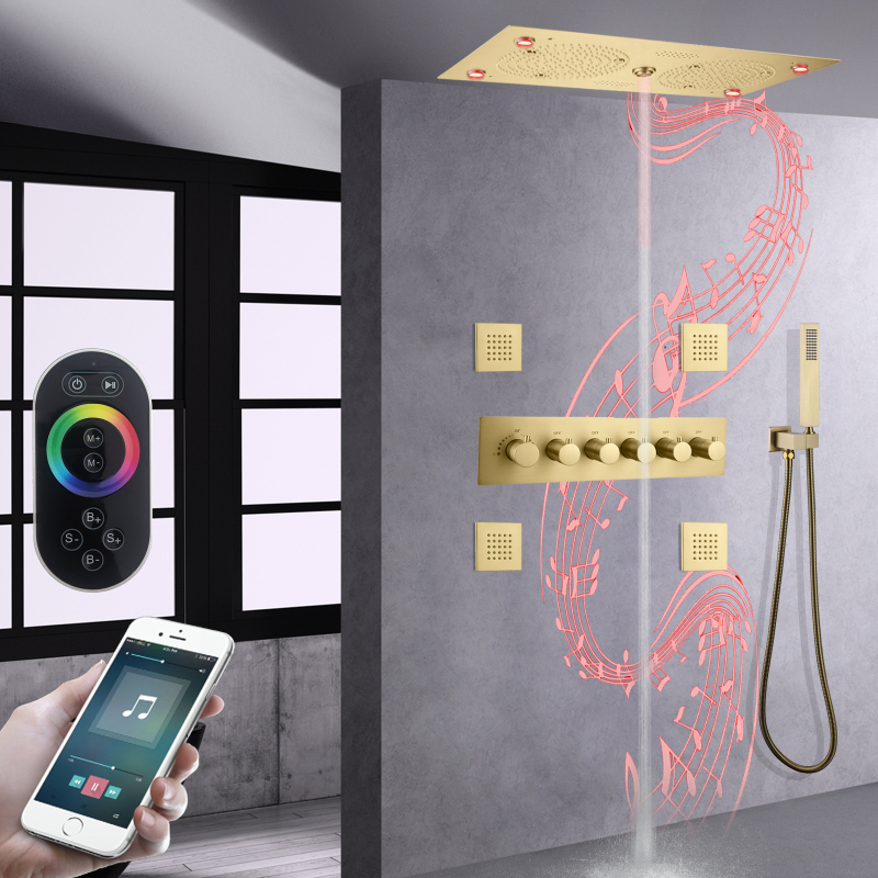 Juego de cabezal de ducha termostático de Oro pulido de lujo, LED de 620x320mm para baño con música, boquilla de ducha de masaje