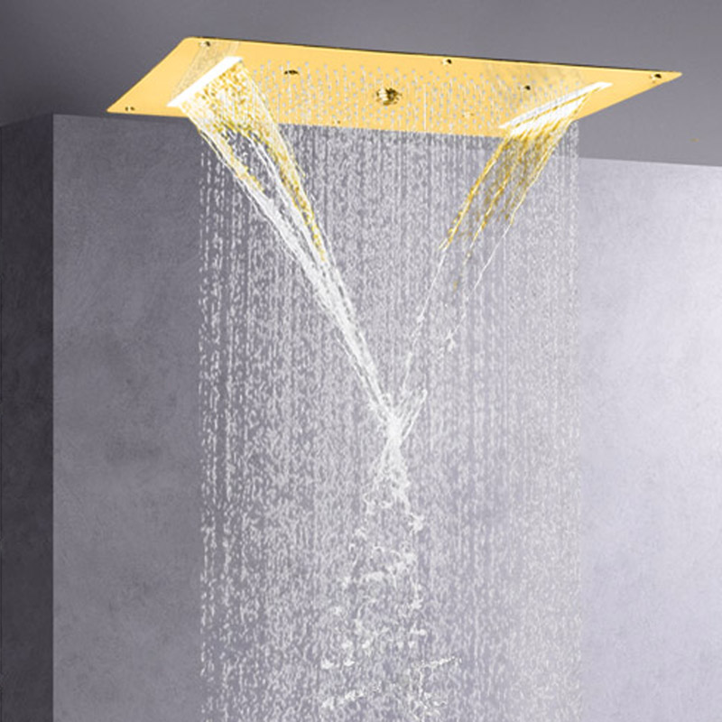 Grifos de ducha pulidos en oro de lujo, 70x38 CM, LED, cascada, lluvia, atomizador, ducha de masaje con burbujas