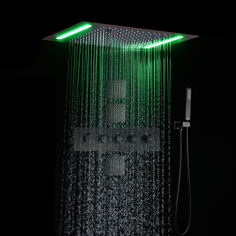 Juego de ducha de lluvia de bronce frotado con aceite para cuartos de baño con Panel moderno LED cabezal de ducha eléctrico de lluvia de techo de 14X20 pulgadas