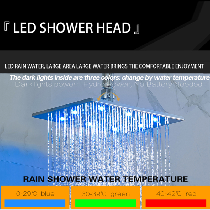 Mezclador de ducha cromado pulido, 28x18cm, LED, 3 colores, cambio de temperatura, montaje en pared para baño, ducha de lluvia