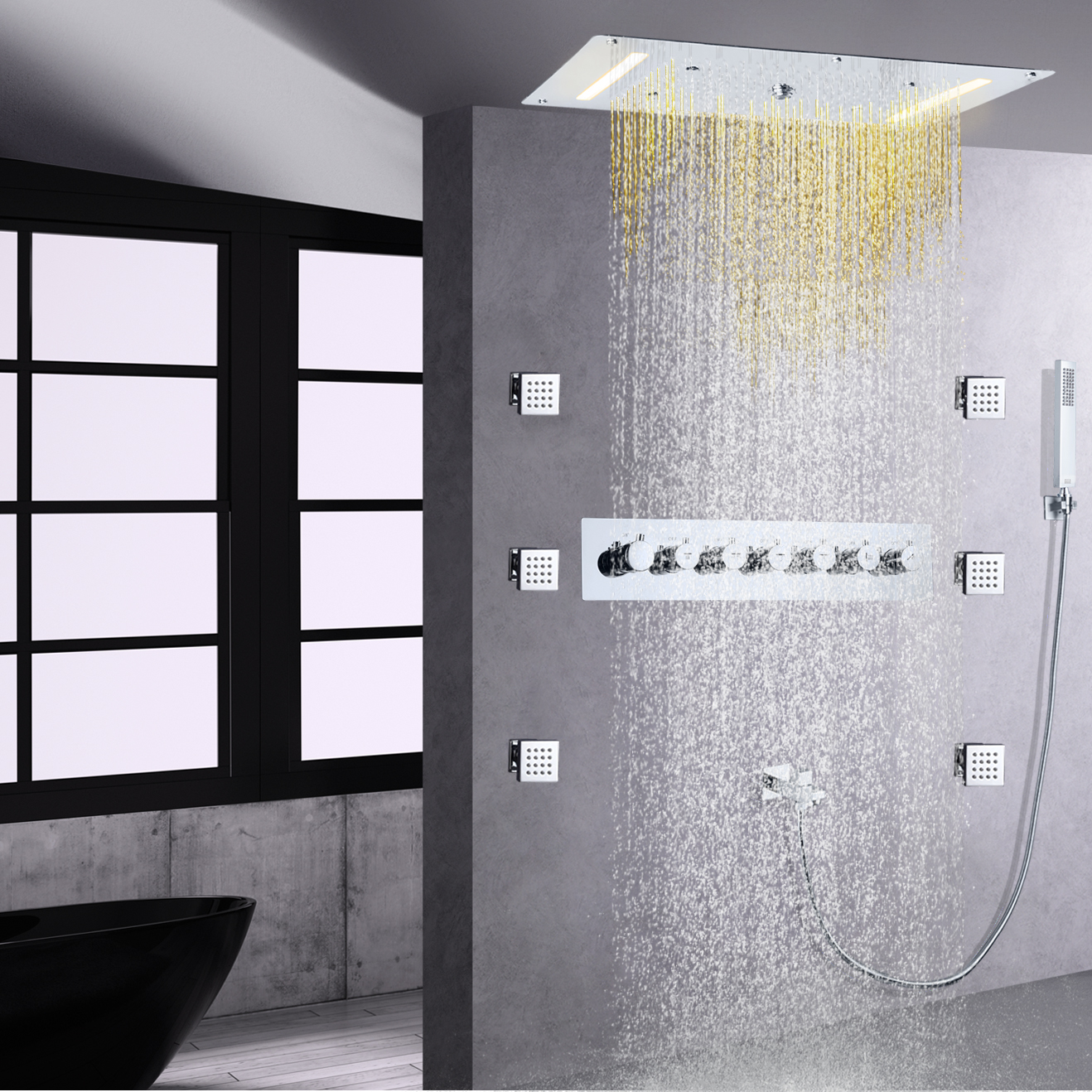 Mezclador de ducha termostático LED cromado pulido, sistema de ducha de baño, cascada, lluvia, cuerpo de mano, Jet Spa