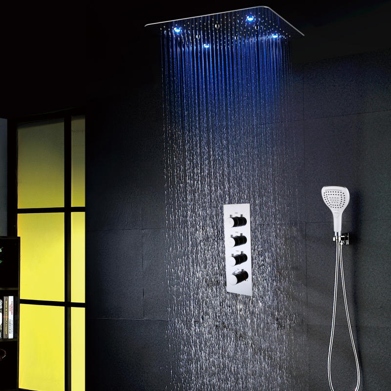 Mezclador de ducha de baño de lujo de 20 pulgadas, juego de ducha con rociador de lluvia cuadrado LED de acero inoxidable 304 SUS, alta calidad