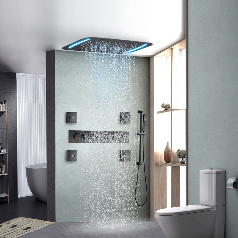 Sistema de ducha termostática de bronce frotado con aceite, juego de ducha multifunción LED para baño de 71x43 CM con panel de Control LED