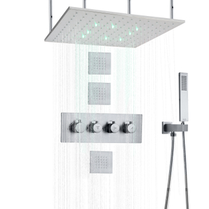 Mezclador de ducha termostático de níquel cepillado, sistema de ducha oculto tipo lluvia LED de 20 pulgadas con ducha de mano