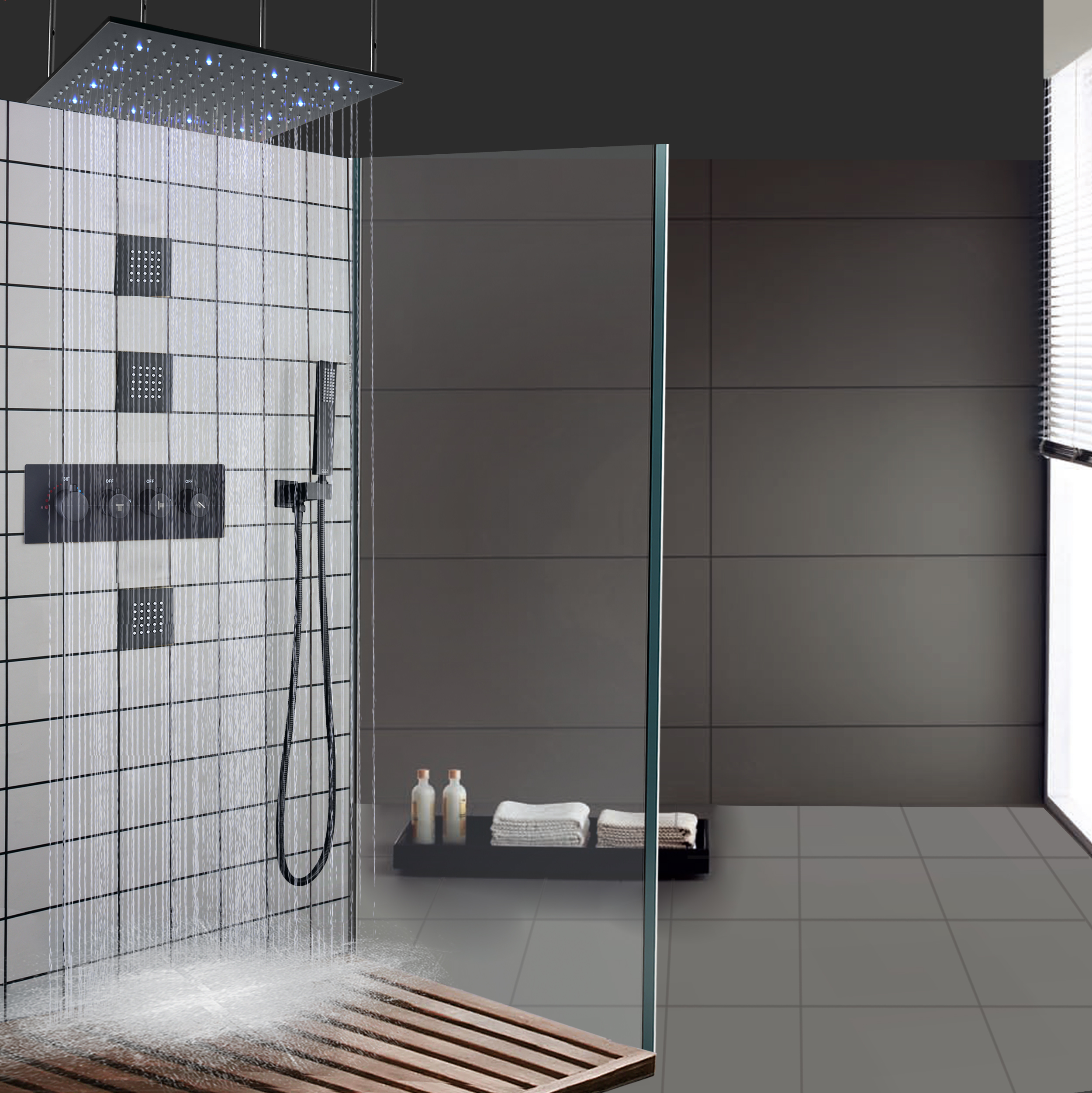 Mezclador de ducha LED para baño, Panel de mano de masaje de lluvia montado en la pared, color negro mate