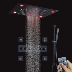 Juego de ducha moderno termostático negro mate, cabezal de ducha de lluvia LED de 24x31 pulgadas con cascada de cuerpo de latón de mano