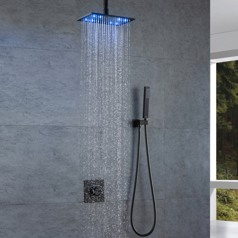 Juego de grifo de ducha negro mate montado en el techo 28X18 CM LED termostato ducha lluvia cabezal de ducha con mano
