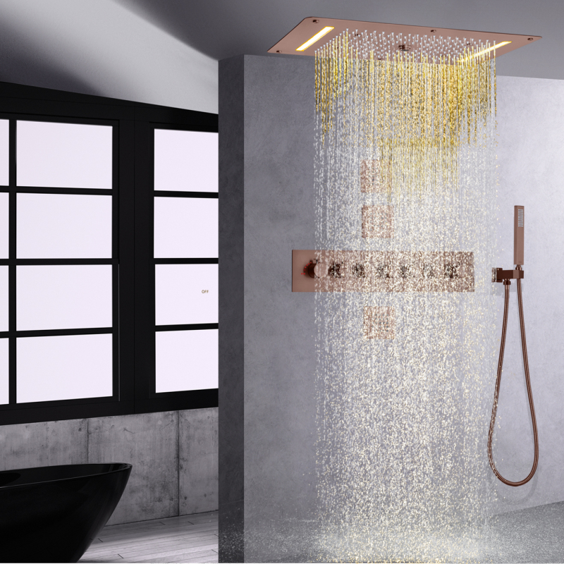 Juego de Grifo de ducha de baño termostático, cabezal de ducha de lluvia con burbujas en aerosol de cascada de 700x380 MM con mano