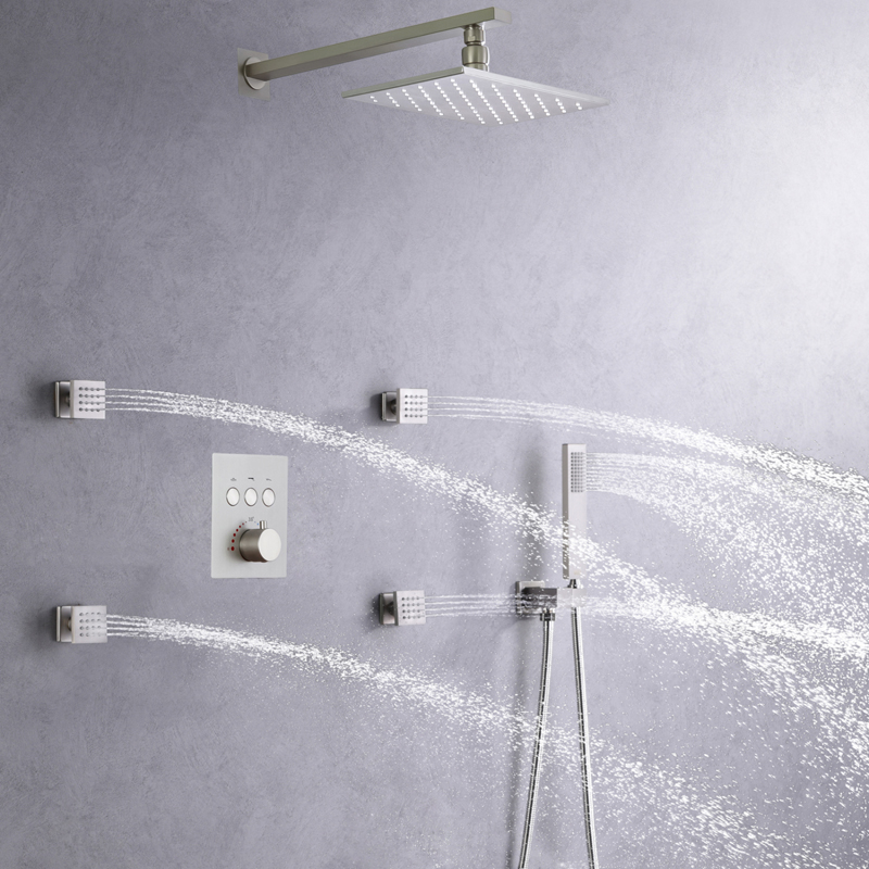 Sistema de ducha de lluvia de níquel cepillado, juego de grifería para baño, cabezal de ducha de lluvia LED de lujo de 8X12 pulgadas con pulverizador de mano