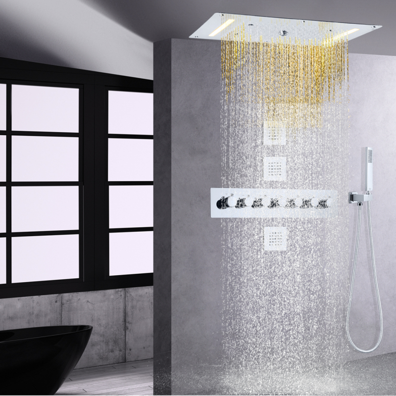 Sistema de ducha termostático cromado, ducha LED de 700x380 MM, juego de grifo de ducha de baño de alto flujo de lujo