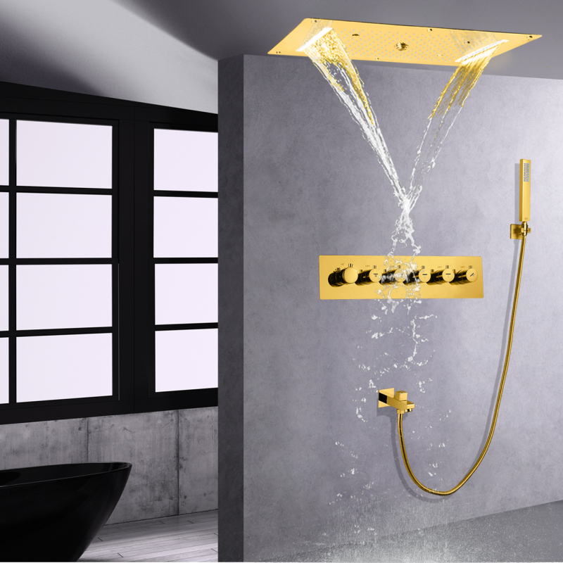 Sistema de ducha termostática para baño LED de 700x380 mm con cabezal de ducha de lluvia pulido en oro con rociador de mano