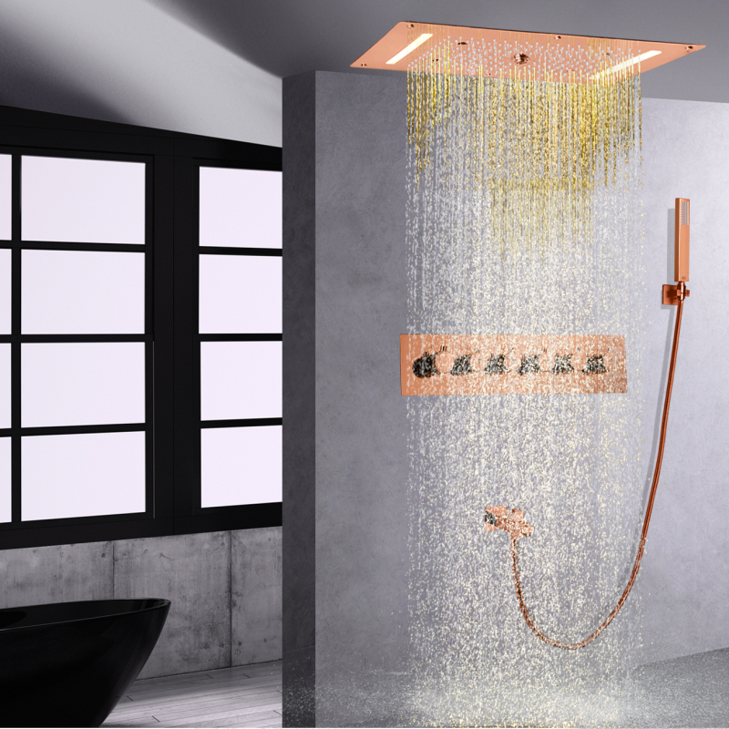 Sistema de ducha termostático pulido dorado LED 70X38 CM baño ducha de lluvia montado en el techo con cabezal de ducha de mano