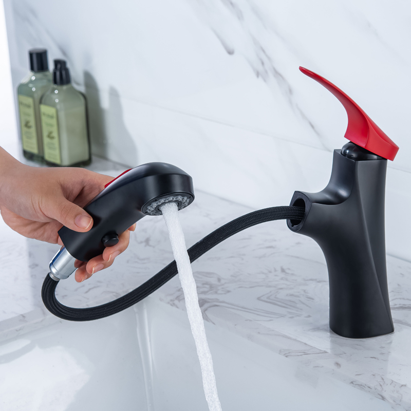 Grifo de baño negro mate, mezclador de lavabo con mango rojo, funciones de agua dobles, mezclador de fregadero contemporáneo