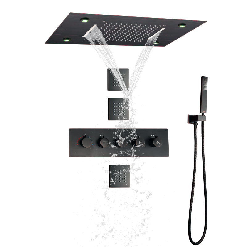 Sistema de ducha de lluvia LED termostático de bronce frotado con aceite, lluvia empotrada en cascada para baño con sujeción manual
