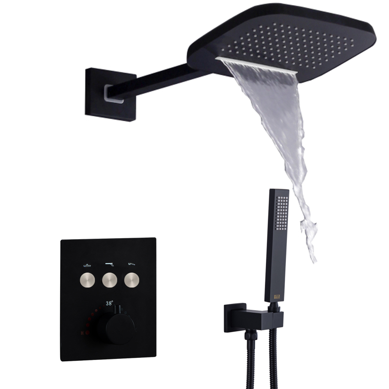 Sistema de ducha termostático negro mate, cascada y lluvia con ducha de mano, conjunto combinado de Spa
