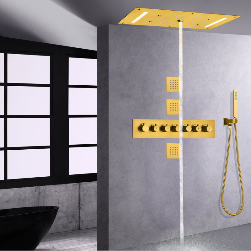 Cabezal de ducha de lluvia pulido dorado de 700x380 MM con chorros de mensajes corporales de mano juego de Grifo de ducha de baño LED termostático