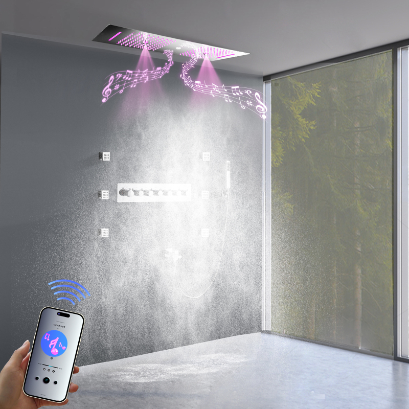 Moderno juego de molduras de ducha de lluvia para baño montado en el techo, sistema de grifo de ducha termostático oculto contemporáneo con 6 chorros