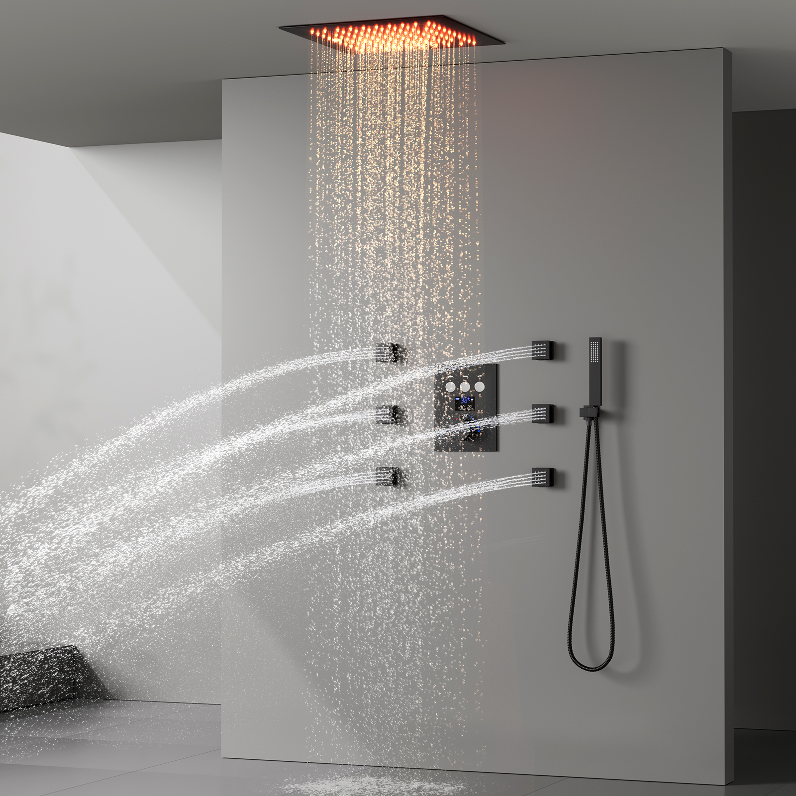 Termostato 64 LED Color Sistema de ducha tipo lluvia 3 botones de función Pantalla digital Válvulas de ducha Juego de grifos