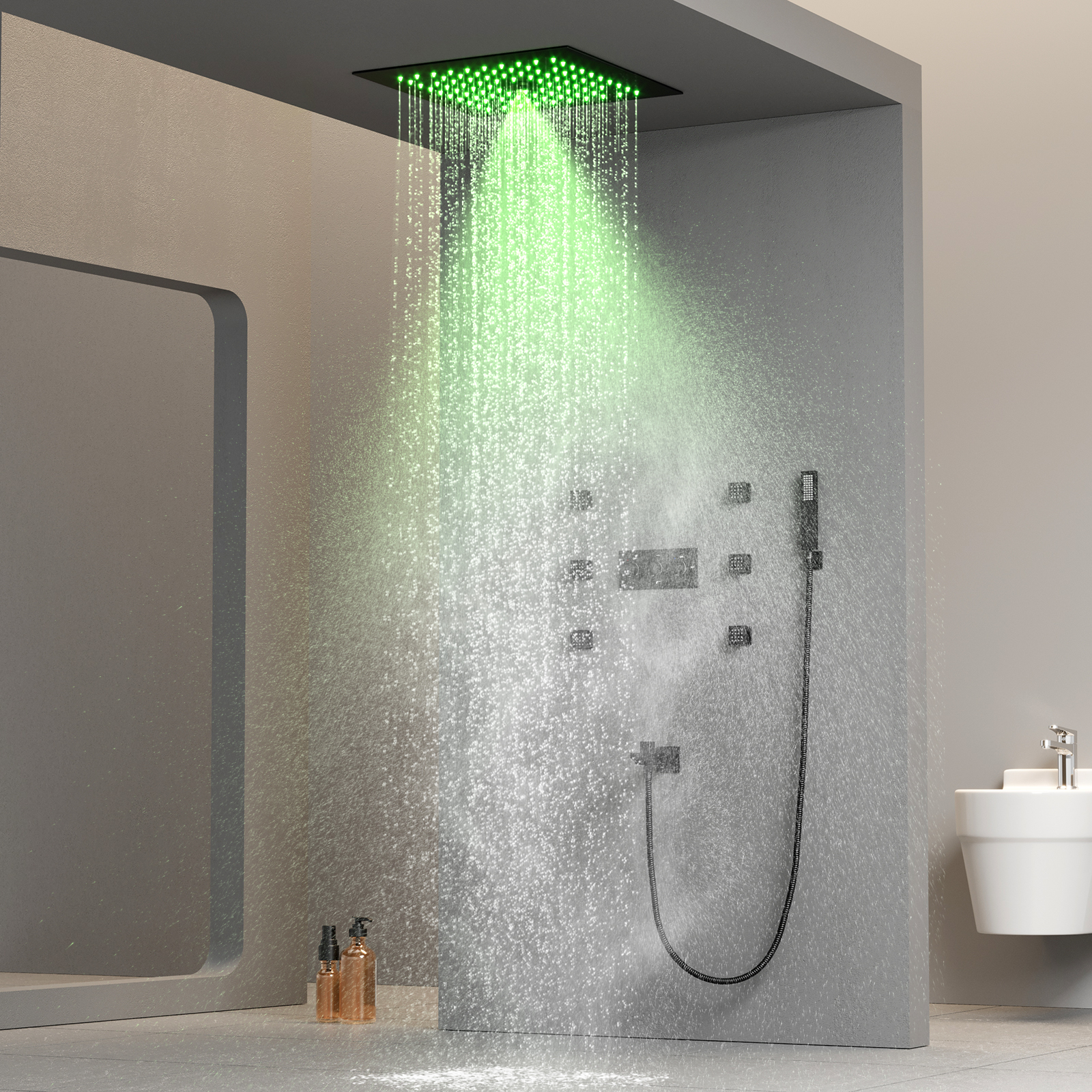 Juego de sistema de ducha con luz LED, cabezal de ducha de lluvia, Válvula mezcladora de ducha de temperatura constante de 300x300mm