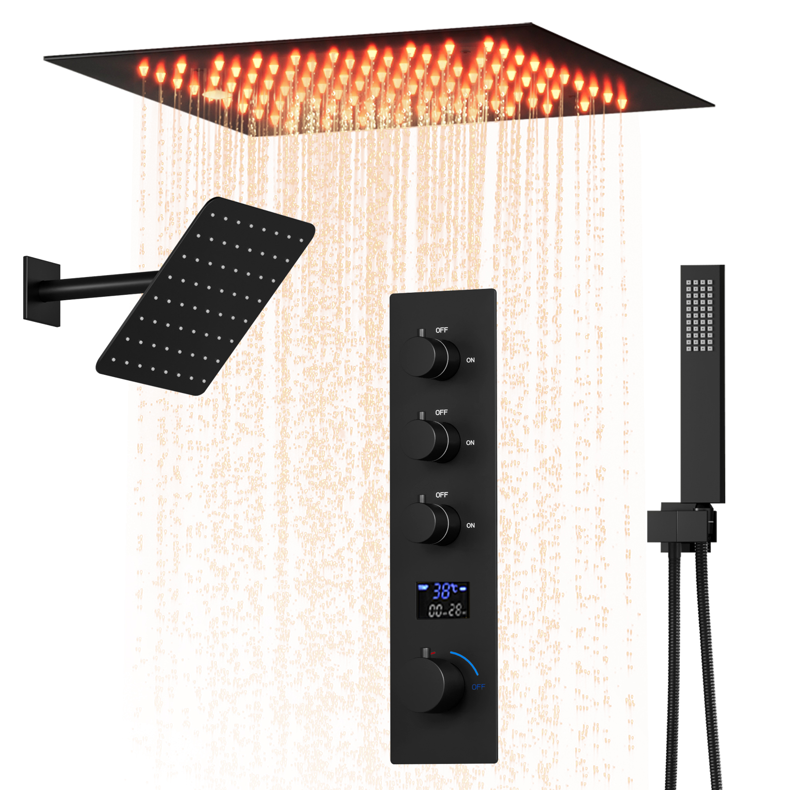 Juego de cabezal de ducha LED negro cuadrado de lujo para baño Sistema de ducha de techo termostático con niebla de lluvia