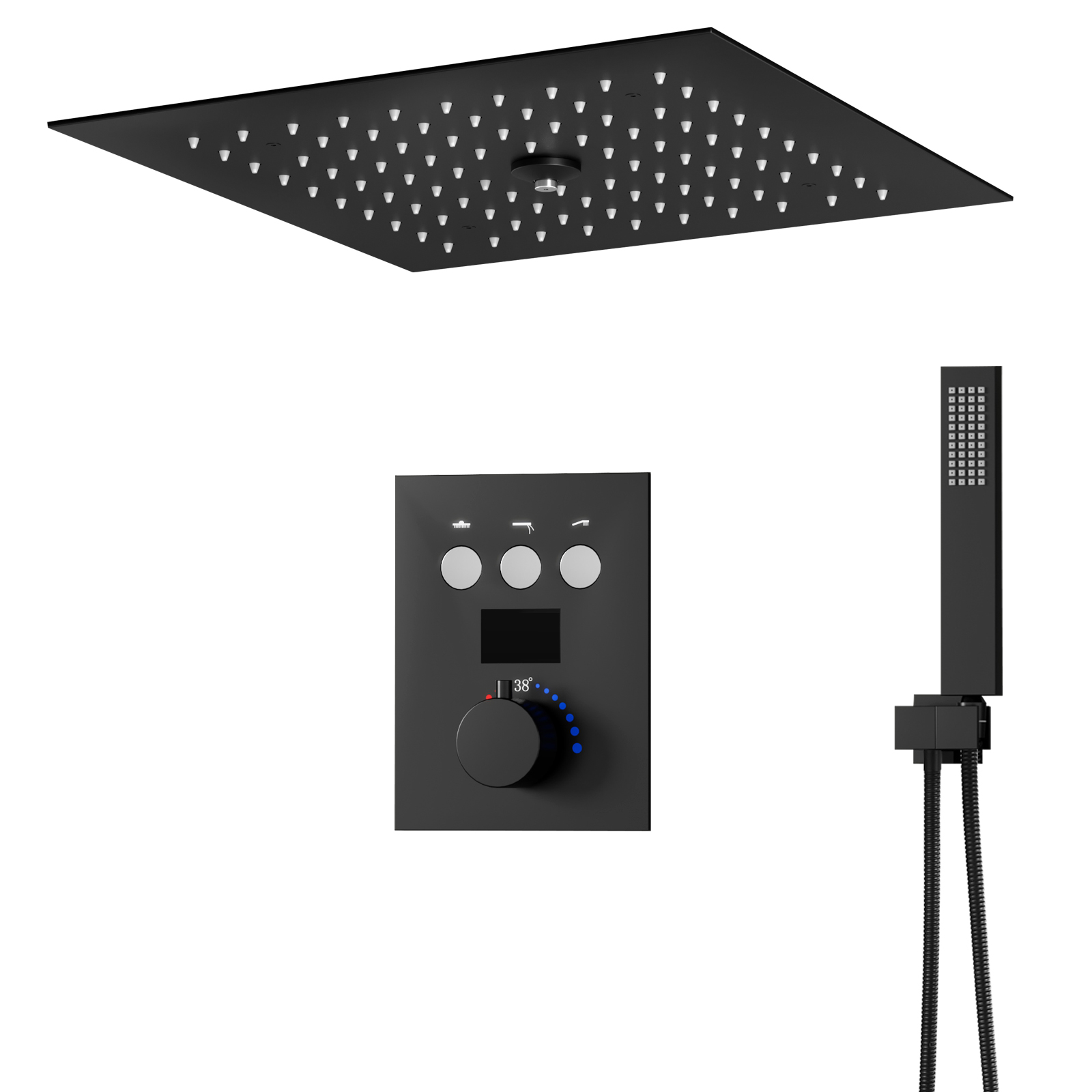 Sistema de cabezal de ducha termostático para baño, conjunto de cabezal de ducha tipo lluvia LED cuadrado negro mate
