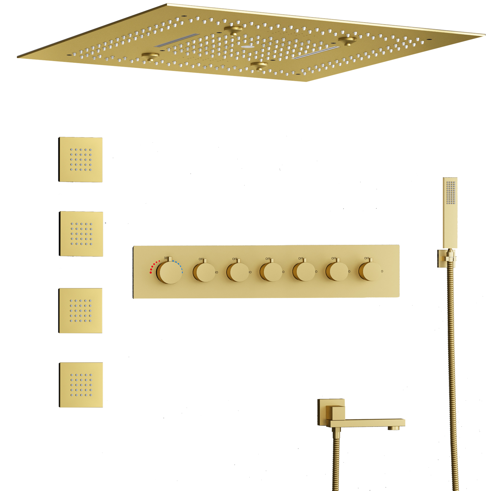 Sistema de Set de ducha de baño de lujo, juego de mezclador de ducha de lluvia de Oro pulido, juego de cabezal de ducha Led de cobre con 6 funciones