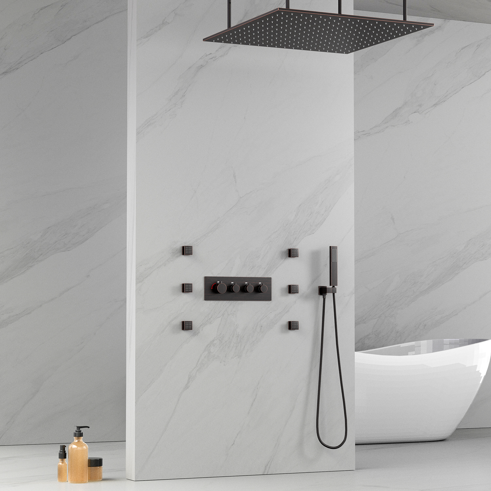 Grifo de ducha con cabezal de ducha de montaje en techo, música multifuncional, bronce, frotado con aceite, LED, ducha de lluvia, tanque, grifo de ducha