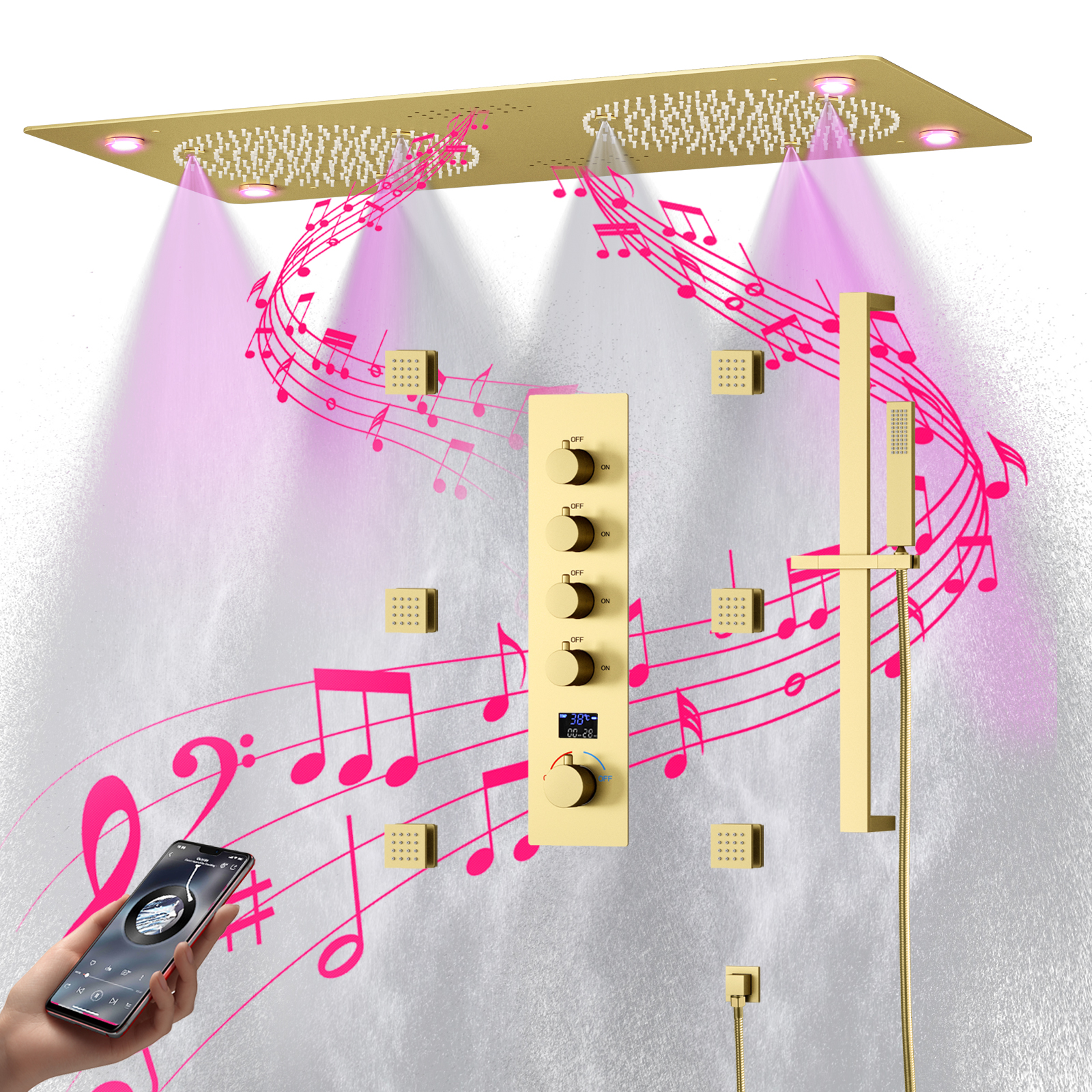 Ducha de lluvia con rociador de techo, cabezal de ducha con música LED, juego dorado, sistema de ducha con termostato de masaje con rociador de lluvia