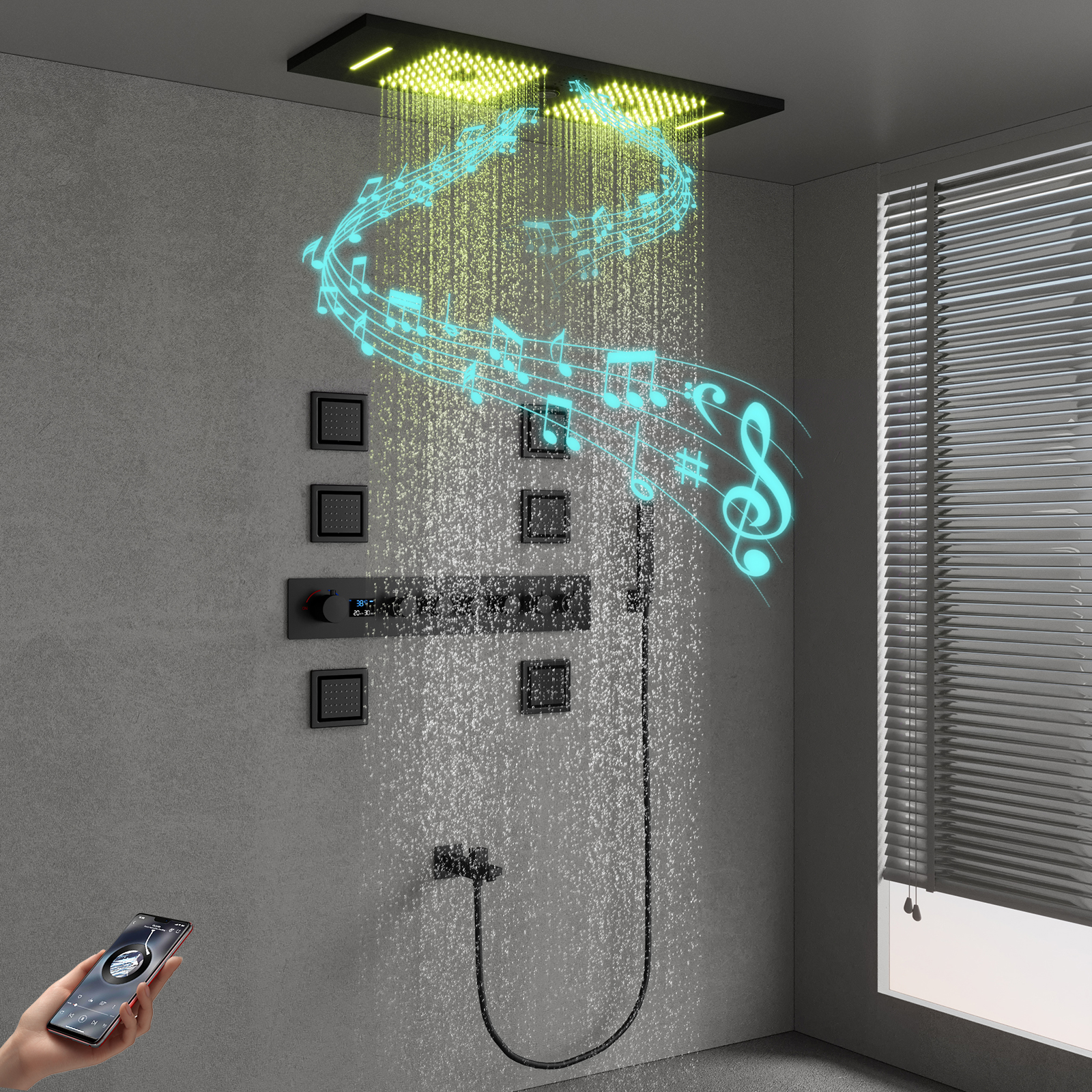 El sistema de válvula de ducha LED con música Bluetooth negro mate de 900X300MM se divide en un juego de ducha oculto