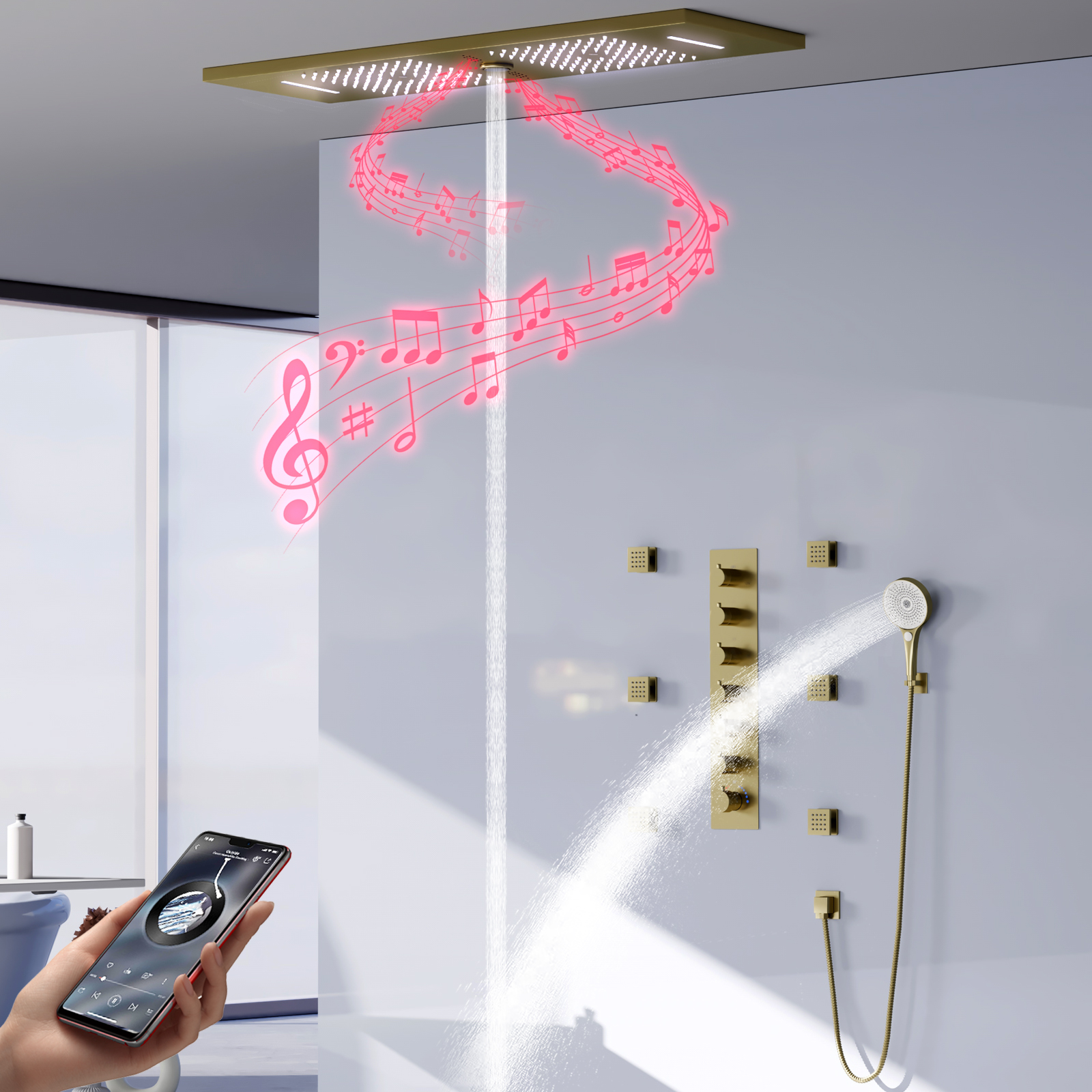 Sistema de cabezal de ducha de Oro pulido LED para baño, sistema de cascada de ducha de lluvia, juego de grifo de ducha termostático