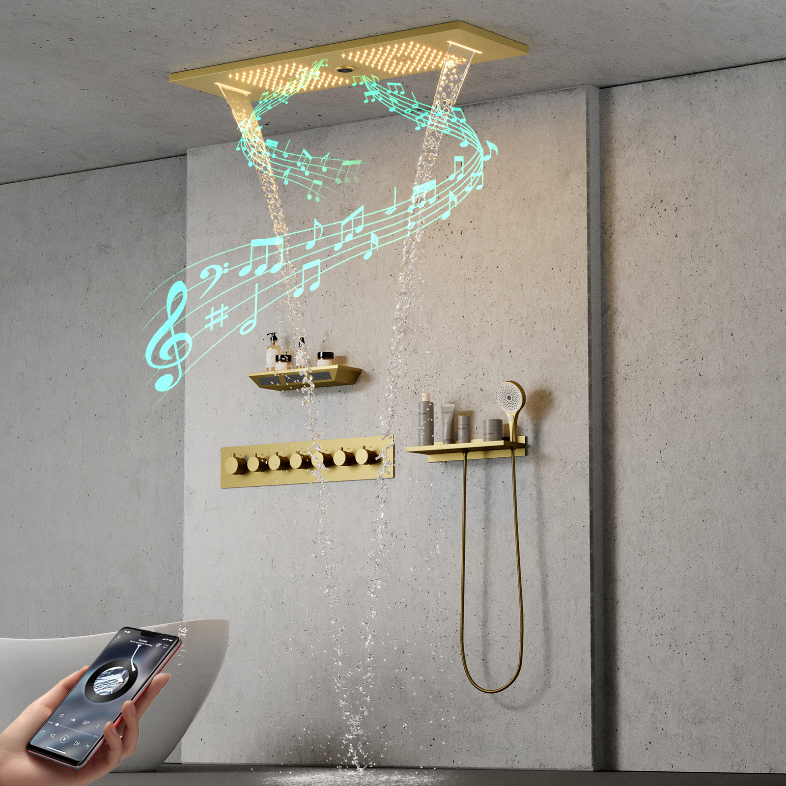 Grifo de ducha termostático de cascada atomizada para baño, cabezal de ducha con cuerpo de ducha y función musical, cabezal de ducha LED de lluvia