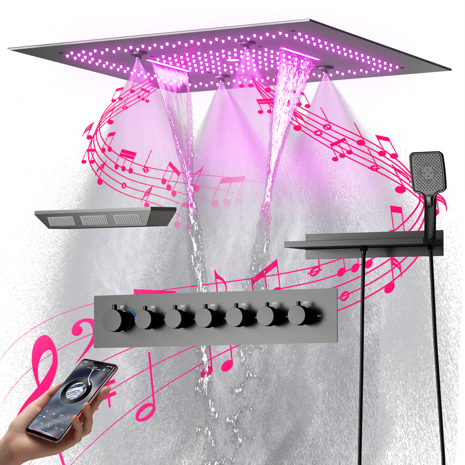 Bañera Spa pistola gris cabezal de ducha LED ducha de lluvia cascada multifuncional empotrado techo música ducha Set