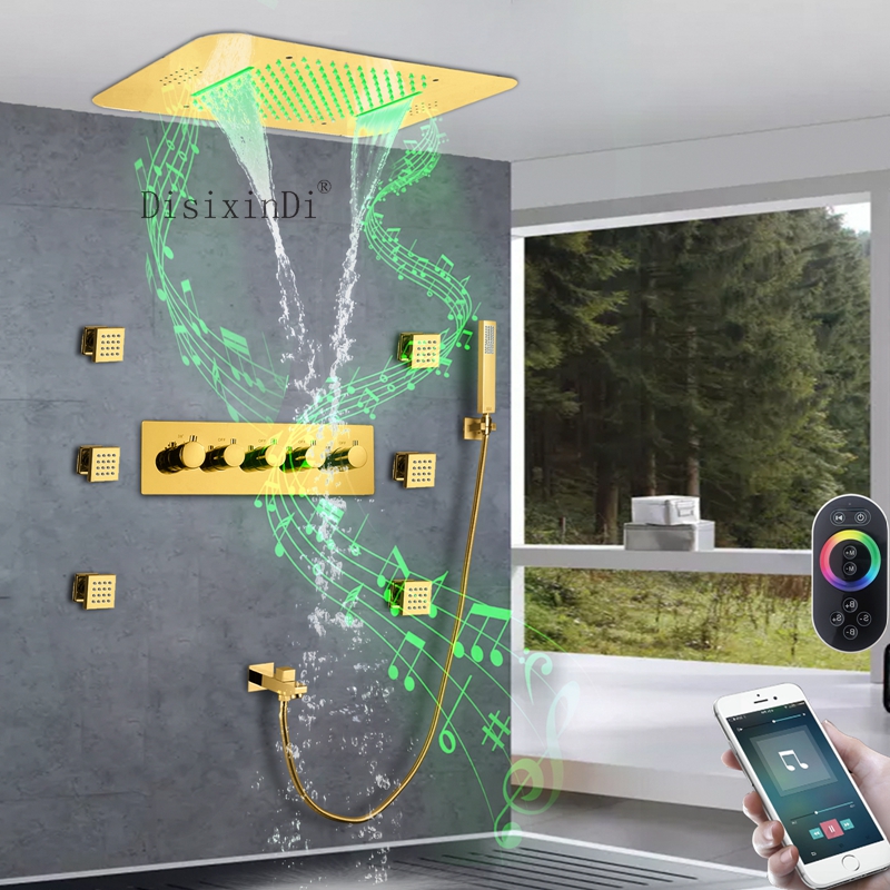 Grifo de ducha termostático LED de cascada de lluvia para baño Ti Gold con cabezal de ducha con función musical y chorro de cuerpo de ducha